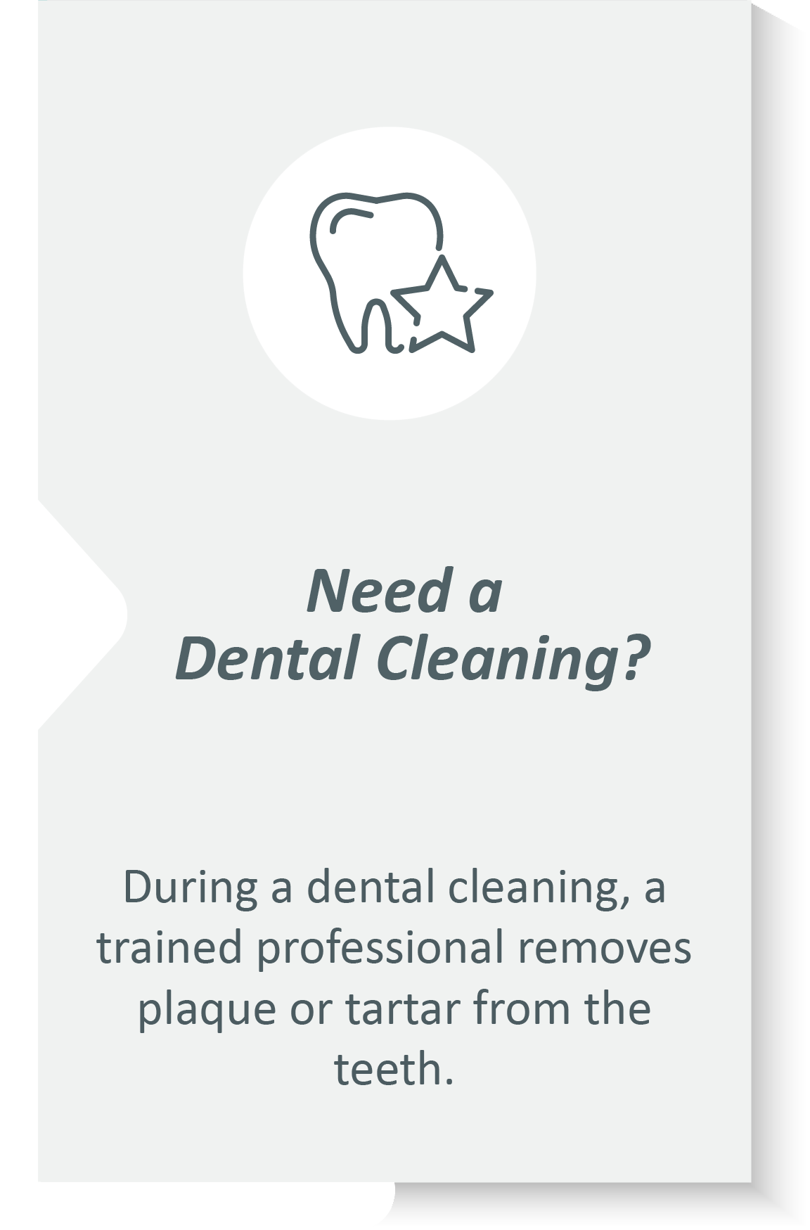 Dental cleaning infographic: During a dental cleaning, a trained professional removes plaque or tartar from the teeth.